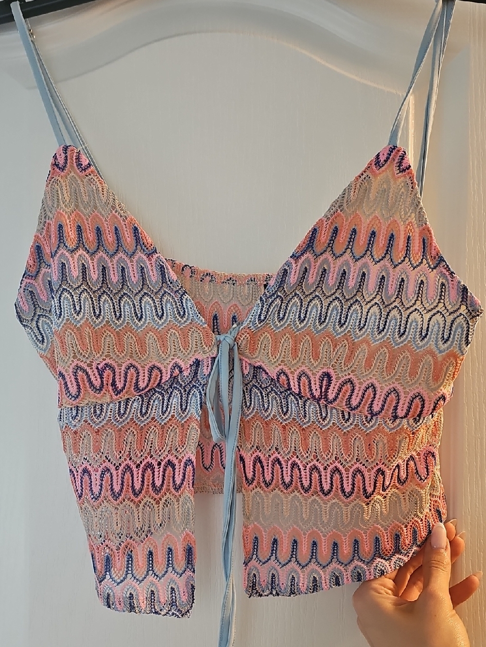Divided Wavy Stripe Tie-Front Camisole - Pink & Blue